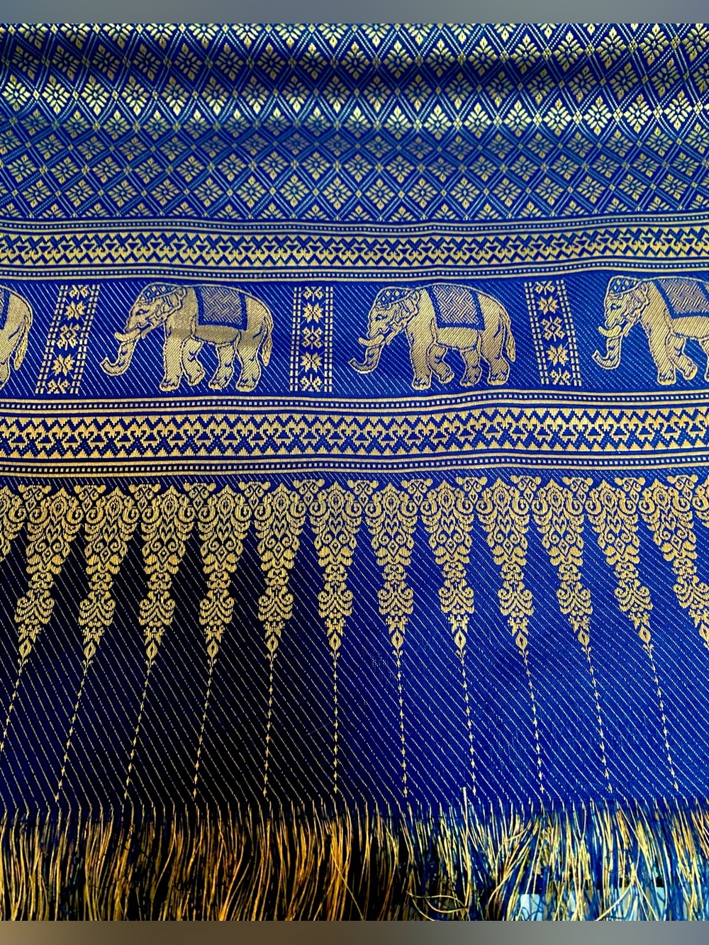 Thai Silk Brocade Elephant Table Cloth 70 x 40 Blue- Gold Fringe Authentic